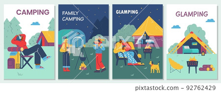 Set of vertical banner or poster templates about camping and glamping flat style 92762429