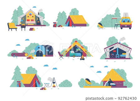 Glamping and camping comfortable tents with furniture, flat vector illustration isolated on white background. 92762430
