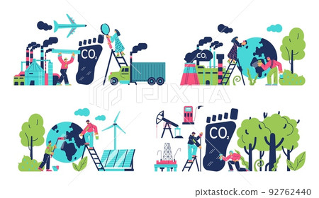 Set of scenes with people about carbon footprint reduction flat style Set of scenes with people about carbon footprint reduction flat style 92762440
