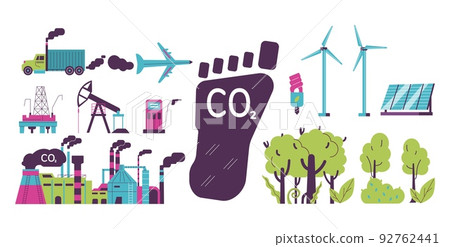 Carbon footprint or CO2 pollution set of flat vector illustrations isolated. 92762441