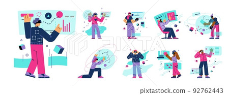Set of people in VR glasses researching metaverse flat style 92762443
