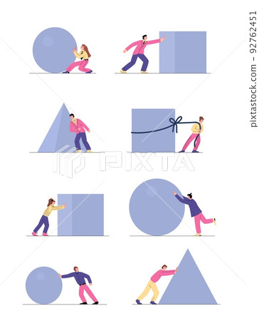 Business men and women pushing and pulling heavy stones, flat vector illustration isolated on white background. Business men and women pushing and pulling heavy stones, flat vector illustration isolated on white background. 92762451