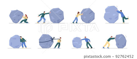 Set of men and women pushing different stones flat style Set of men and women pushing different stones flat style 92762452