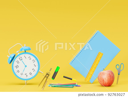 School stationery items on yellow background with free space for text. Creative, colourful background with school supplies. Layout with copy space. Ruler, pencil, scissors, apple. 3D rendering. School stationery items on yellow background with free space for text. Creative, colourful background with school supplies. Layout with copy space. Ruler, pencil, scissors, apple. 3D rendering. 92763027