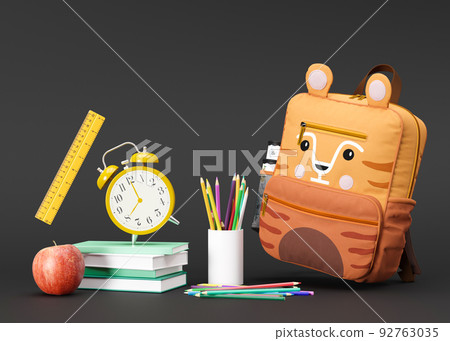 School stationery items on black background with free space for text. Creative, colourful background with school supplies. Layout with copy space. School bag, backpack, pencils, books. 3D rendering. 92763035