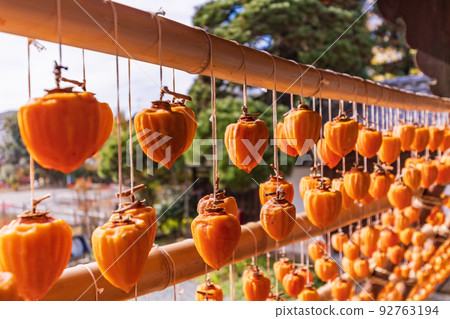 (Yamanashi Prefecture) Former residence of the Takano family (licorice mansion), persimmon blinds at the eaves 92763194