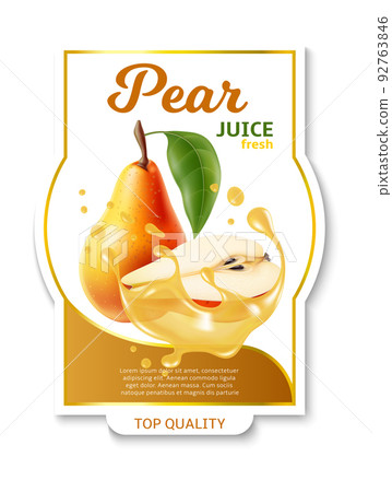 Realistic fruit label. Pear juice package sticker design. Fresh vitamin beverage. Liquid splash. Whole or half ripe pieces. Natural vegetarian drink promotion. Vector packaging badge 92763846