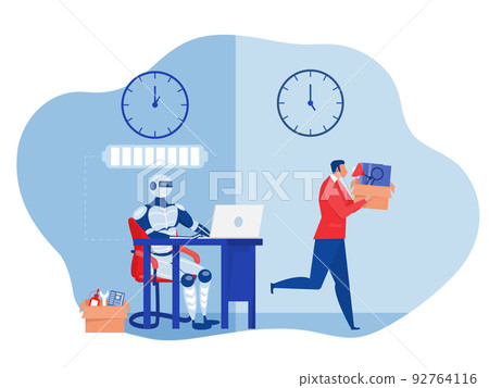Robots replace the human in office, Business people, unemployment. compare employee concept Flat vector illustration 92764116