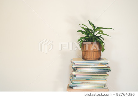 Dieffenbachia or Dumb cane plant in wicker flower pot on a stack of books on a light background, minimalist and scandinavian style, copy space Dieffenbachia or Dumb cane plant in wicker flower pot on a stack of books on a light background, minimalist and scandinavian style, copy space 92764386