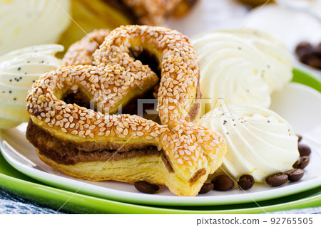 heart-shaped pastry with sesame seeds heart-shaped pastry with sesame seeds 92765505