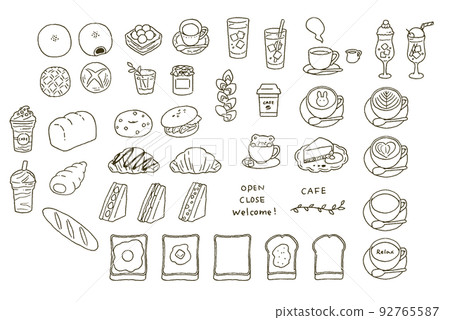 帶有各種麵包和咖啡館圖案的簡單觸摸插圖集 92765587