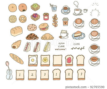 Simple touch illustration set with various breads and cafe motifs Simple touch illustration set with various breads and cafe motifs 92765590