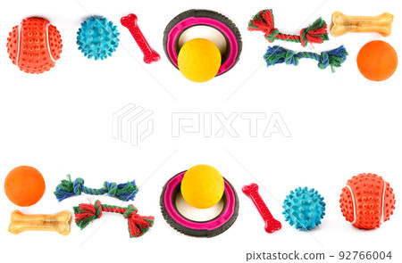 Dog toys isolated on white . Collage. Free space for text. 92766004