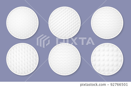 Cosmetic cotton pads texture. Realistic round white discs, hygiene and skin care product, soft face sponge with different embossing patterns, makeup remover accessory, utter vector set Cosmetic cotton pads texture. Realistic round white discs, hygiene and skin care product, soft face sponge with different embossing patterns, makeup remover accessory, utter vector set 92766501