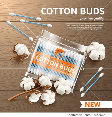 Cosmetic cotton buds poster. Realistic ear swabs pack, cotton inflorescences, cosmetic product, hygiene and skin care, transparent packaging, advertising banner utter vector concept Cosmetic cotton buds poster. Realistic ear swabs pack, cotton inflorescences, cosmetic product, hygiene and skin care, transparent packaging, advertising banner utter vector concept 92766502