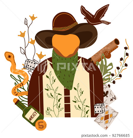 Wild west poster with a sheriff character in cowboy hat, snake, flying eagle, cowboy gun. Further Old West in flat style. Vector illustration. 92766685