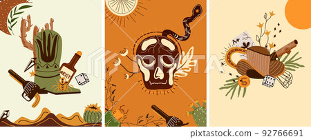 Set Wild west poster with cowboy hat, playing cards, an skull, a mystical snake, dice, gun and other. Further Old West in flat style. Vector illustration. 92766691