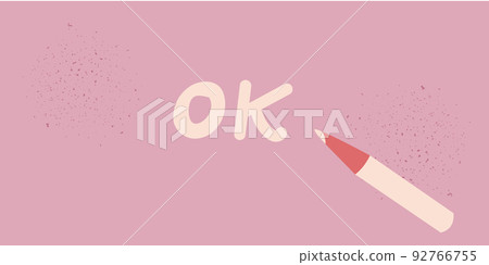 Handwritten Ok sign with pencil on pink backhround Handwritten Ok sign with pencil on pink backhround 92766755