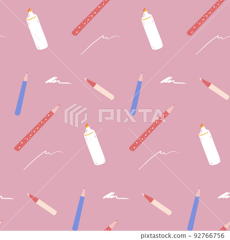 Stationery seamless pattern, pen and pencils, marker on pink background 92766756