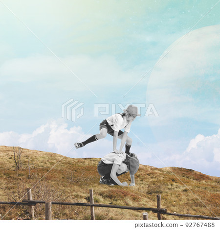 Contemporary collage. Surreal art design with happy children, kids playing at futuristic natural landscape. Concept of creativity, new vision, childhood Contemporary collage. Surreal art design with happy children, kids playing at futuristic natural landscape. Concept of creativity, new vision, childhood 92767488