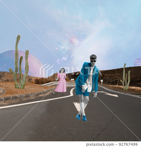 Contemporary collage. Surreal art design with stylish young man enjoying time at futuristic natural landscape. Concept of creativity, gen z lifestyle, new vision 92767499