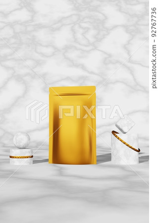 Golden luxurious pouch bag branding design mockup marble background podium 3D render Premium coffee beans pack template 92767736