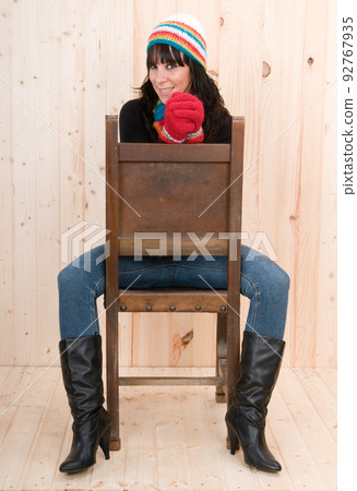 ery cold women in a cabin in autumn or winter ery cold women in a cabin in autumn or winter 92767935