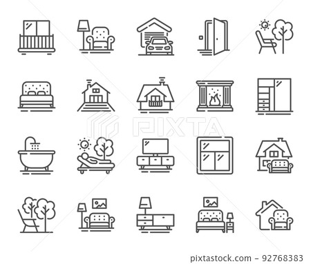 Furniture line icons. Balcony, house terrace and garden deckchair set. Home furniture, bath tub and fireplace line icons. Resort terrace and balcony, outdoor chair. Sliding wardrobe. Vector 92768383