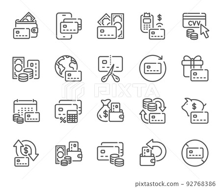 Credit card line icons. Payment card terminal, bankrupt and contactless pay set. Bank atm exchange, cut credit card and CVV code line icons. POS terminal, online bank payment, wallet. Vector 92768386