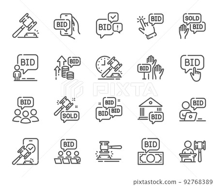Auction line icons. Deal hammer, bid offer and law justice act set. Judge gawel, vote hand and bid price line icons. Win a lot, online auction and act hammer. Stock exchange deal. Vector 92768389