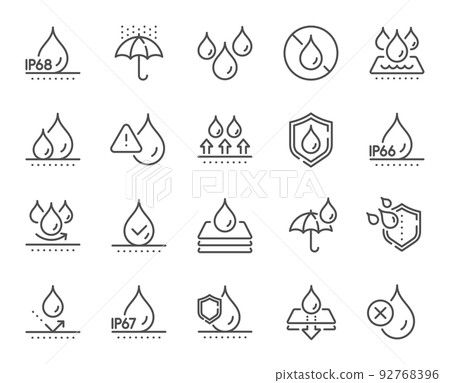 Waterproof line icons. Durable fabric surface, ip68 protection and moisture proof. Water repellent, ip67 defense and rain line icons. Flooding, waterproof fabric and water resistant. Vector 92768396