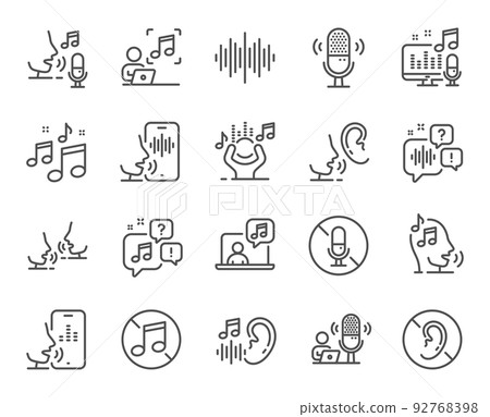 Voice line icons. Voicemail, microphone record and silence. Whisper talk, listen voice and ear hearing disability line icons. Speak recognition, phone dictation and audio sound wave. Vector 92768398