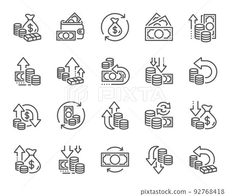 Money line icons. Finance, revenue reduction and financial benefit set. Economy, money savings and increase profit line icons. Cash back, wallet and return finance. Inflation rising. Vector Money line icons. Finance, revenue reduction and financial benefit set. Economy, money savings and increase profit line icons. Cash back, wallet and return finance. Inflation rising. Vector 92768418