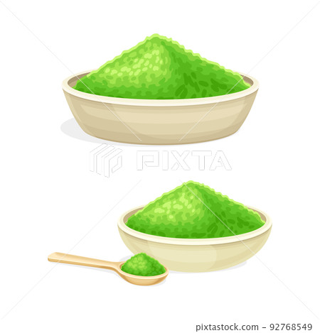 Green Spirulina Powder as Marine Algae Piled in Bowl with Spoon Vector Set Green Spirulina Powder as Marine Algae Piled in Bowl with Spoon Vector Set 92768549