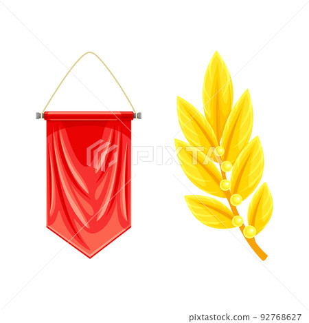 Victory Day May 9 Symbols with Red Hanging Pennant and Golden Laurel Branch Vector Set 92768627
