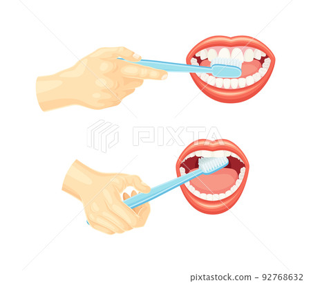 Oral Care and Dental Hygiene with Hands Cleaning Teeth with Toothbrush and Open Mouth Vector Set Oral Care and Dental Hygiene with Hands Cleaning Teeth with Toothbrush and Open Mouth Vector Set 92768632