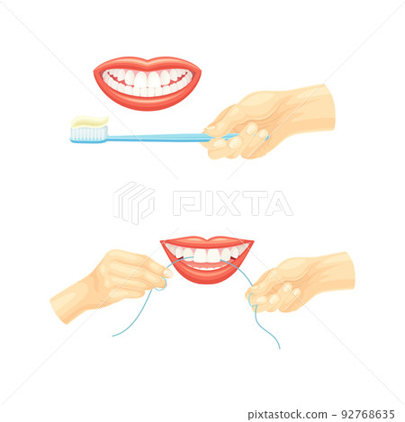 Oral Care and Dental Hygiene with Hands Cleaning Teeth with Floss and Toothbrush Vector Set Oral Care and Dental Hygiene with Hands Cleaning Teeth with Floss and Toothbrush Vector Set 92768635
