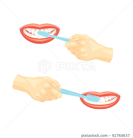 Oral Care and Dental Hygiene with Hands Cleaning Teeth with Toothbrush and Open Mouth Vector Set Oral Care and Dental Hygiene with Hands Cleaning Teeth with Toothbrush and Open Mouth Vector Set 92768637