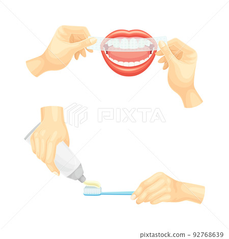 Oral Care and Dental Hygiene with Hands Cleaning Teeth with Tape and Toothbrush and Open Mouth Vector Set Oral Care and Dental Hygiene with Hands Cleaning Teeth with Tape and Toothbrush and Open Mouth Vector Set 92768639