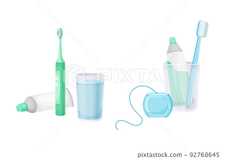 Oral Care and Dental Hygiene with Floss, Toothbrush and Toothpaste Tube Vector Set 92768645