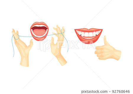 Oral Care and Dental Hygiene with Hands Cleaning Teeth with Floss and Open Mouth Vector Set 92768646