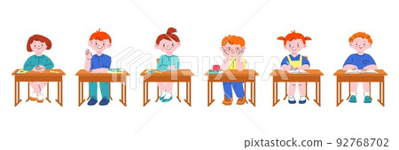 Kids sitting at desk. Study student, isolated lesson school characters. Classroom children, cute cartoon pupils. Small kicky boy girl at college vector set 92768702