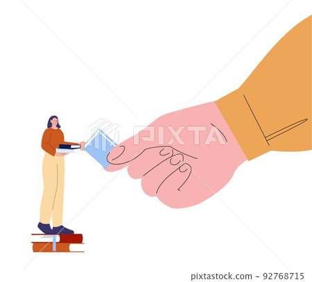 Self education and study concept. Giant hand give book to young girl. Take knowledge, personal growth vector metaphor 92768715
