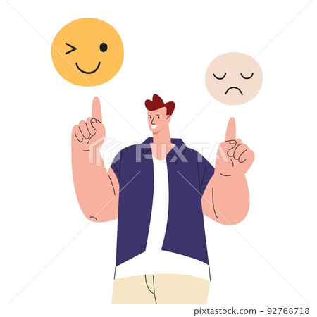 Choose positive emotions every day. Happy man point on emoticons, sad and funny faces. Choose happiness and joy, vector adult male character 92768718