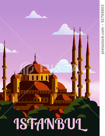 Retro Poster Istanbul, sunset city Turkey, Noble Hagia Sophia Grand Mosque. Vintage touristic postcard 92768803