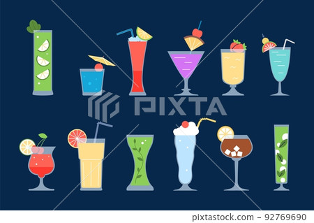 Cocktail set mix. Alcohol cocktails margarita, gin tonic, martini and vodka. Bar drinks flat icons, beverages with berries and citrus cut, recent vector set 92769690