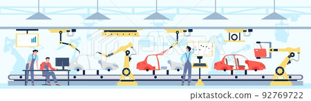 Car industry. Vehicle smart manufacturing on factory with cars repairman and engineers. Auto assembly on conveyor line, industrial business recent vector scene Car industry. Vehicle smart manufacturing on factory with cars repairman and engineers. Auto assembly on conveyor line, industrial business recent vector scene 92769722