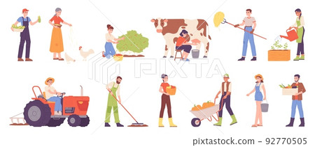 Farm job characters. Farmer domestication rural animals, man in agriculture worker uniform with bucket or basket, agronomist garden work farming job, garish vector illustration 92770505