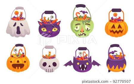 Halloween buckets. Candies in pumpkin basket, trick or treating bag for celebration tasty sweets jack o lantern bucket cartoon evil pumpkins container ingenious vector illustration Halloween buckets. Candies in pumpkin basket, trick or treating bag for celebration tasty sweets jack o lantern bucket cartoon evil pumpkins container ingenious vector illustration 92770507