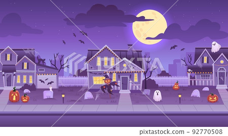 Halloween street houses. Decorated haunted house background, horror carnival night city with creepy pumpkin building decoration or scarecrow on porch, ingenious vector illustration Halloween street houses. Decorated haunted house background, horror carnival night city with creepy pumpkin building decoration or scarecrow on porch, ingenious vector illustration 92770508